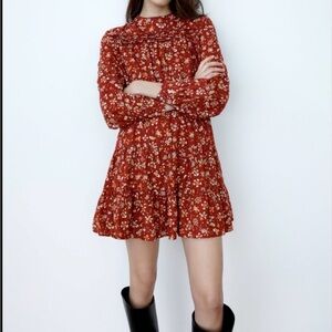 Zara Long Sleeve Floral Mini Dress in Brick Red XL